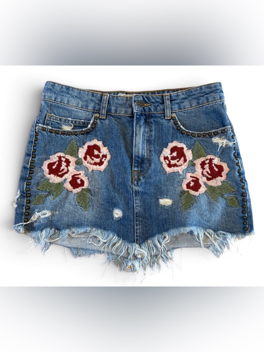 Free People Wild Rose Denim Mini Skirt 27 Floral Embroidered Studded Distres